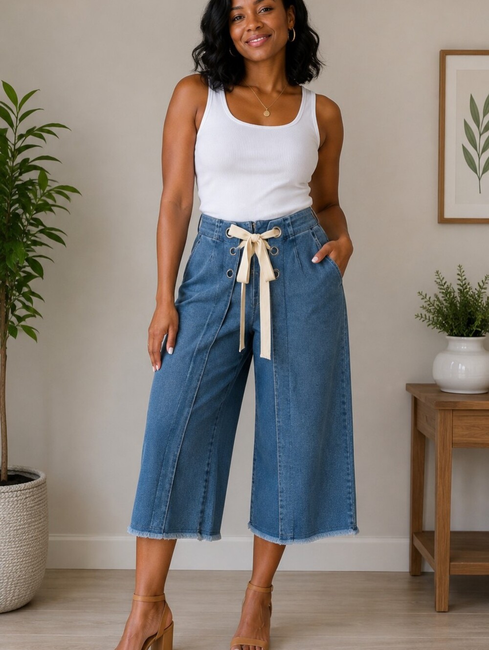 Brittany Humble Lace-Up Wide-Leg Cropped Jean Medium Wash Pants